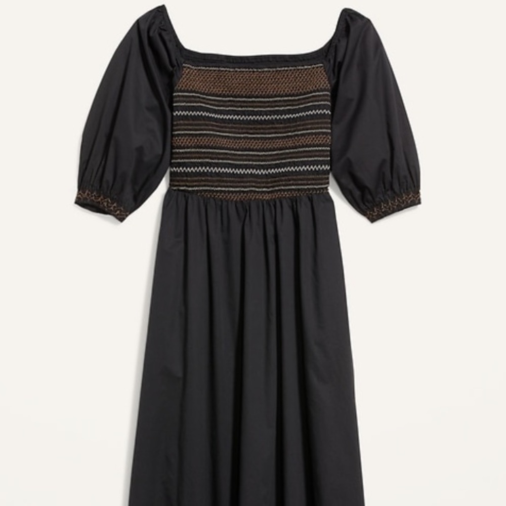 Old Navy Black Midi Dress with Smocked Patterned Bodice